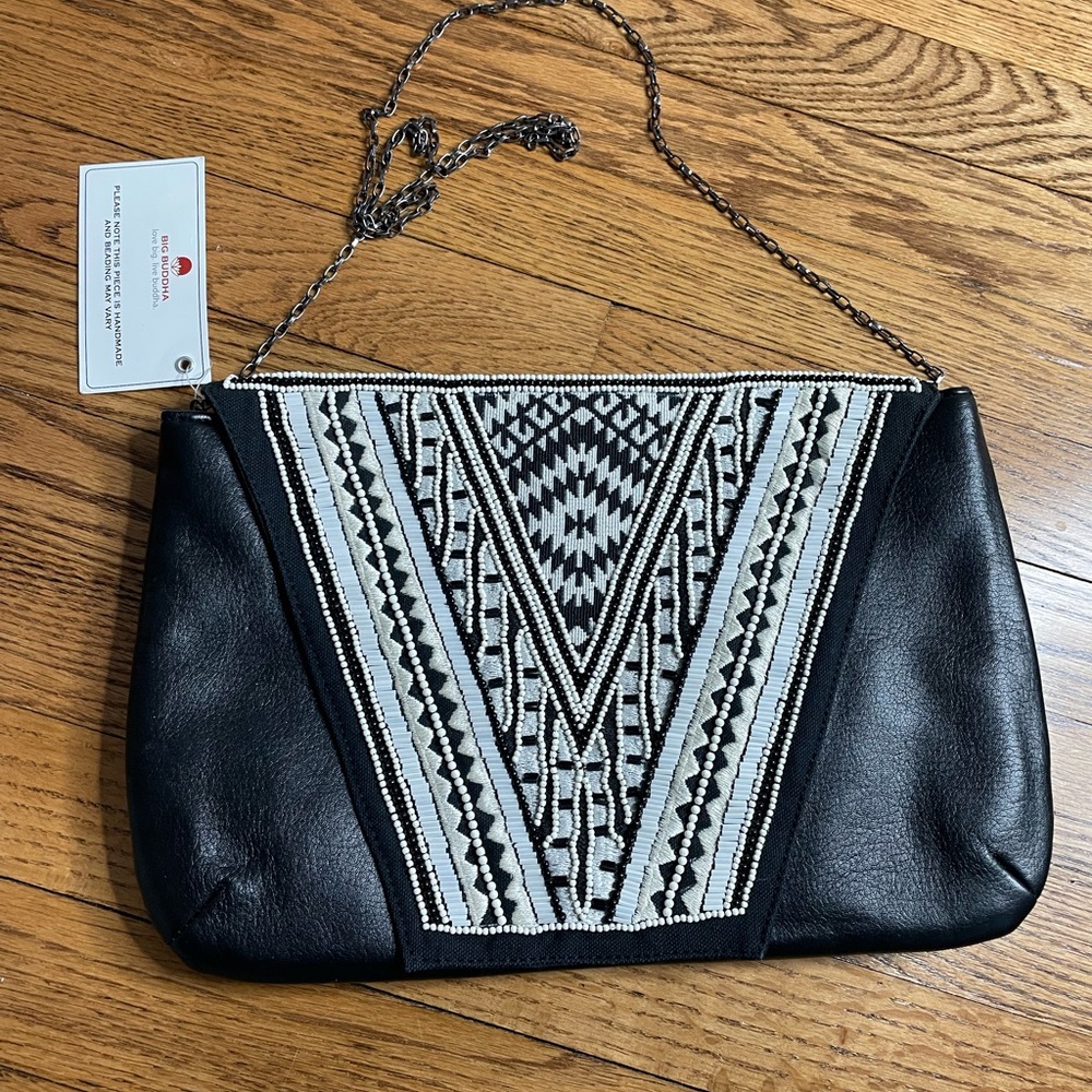 Big Buddha Hand-beaded Vegan Leather Black and White Geometric Shoulder Bag